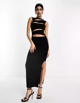 Черное платье миди с высоким воротником и разрезами ASOS
