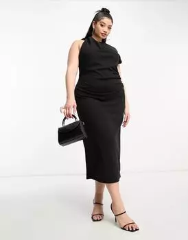 Черное платье миди с высоким воротником и присборенными плечами ASOS DESIGN Curve
