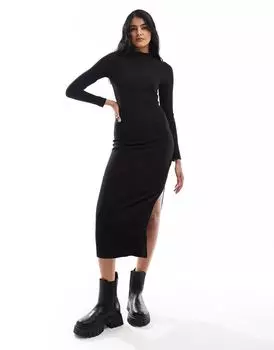 Черное платье миди с высоким воротником и длинными рукавами New Look