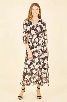 Черное платье-миди с запахом и рукавами 3/4 Yumi, черный