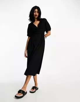 Черное платье миди с запахом и завязками по бокам ASOS из грубой фактурной ткани