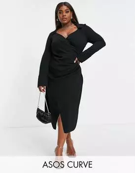 Черное платье миди с запахом и драпировкой в стиле 70-х ASOS DESIGN Curve