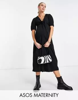 Черное платье миди с завязками спереди и пуговицами ASOS DESIGN Maternity
