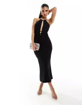Черное платье миди со сборками и бретельками на шее ASOS DESIGN