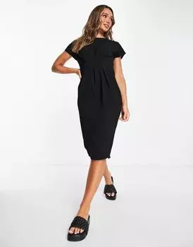 Черное платье миди со сборками на талии ASOS