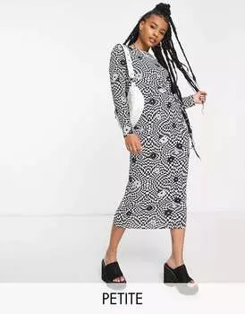 Черное платье миди со сборками по бокам Only Petite в клетку с цветочным принтом