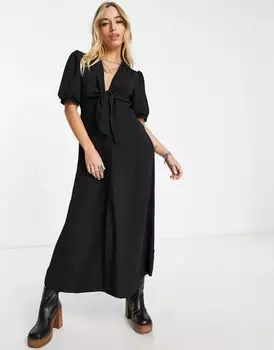 Черное платье миди со шнуровкой спереди и планкой на пуговицах ASOS