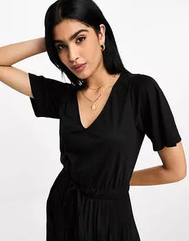 Черное платье миди со складками и v-образным вырезом на талии ASOS DESIGN
