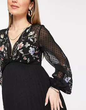 Черное платье миди со складками и вышивкой по всей поверхности ASOS DESIGN Maternity