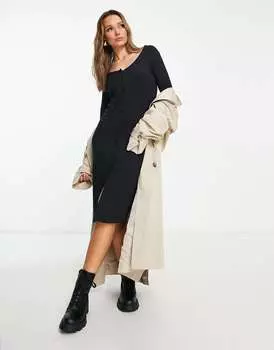 Черное платье миди в рубчик на пуговицах River Island