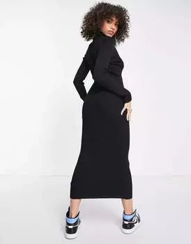 Черное платье миди в рубчик с высоким воротником Missguided - ЧЕРНЫЙ