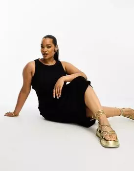 Черное платье миди в рубчик с вырезом-борцовкой ASOS DESIGN Curve