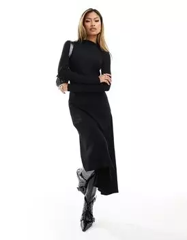 Черное платье миди в рубчик с асимметричным подолом River Island