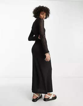 Черное платье миди в рубчик с длинными рукавами и вставкой крючком ASOS DESIGN Tall