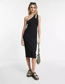 Черное платье миди в рубчик с вырезом на одном плече ASOS DESIGN