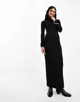 Черное платье миди в рубчик с высоким воротником и длинными рукавами ASOS DESIGN