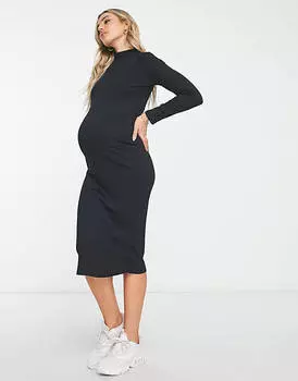 Черное платье миди в рубчик с высоким воротником River Island Maternity