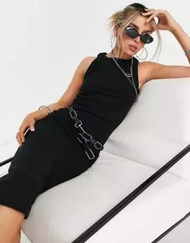 Черное платье миди в рубчик спереди ASOS DESIGN