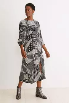 Черное платье миди в стиле пэчворк в горошек и с цветочным принтом Oliver Bonas, черный