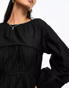 Черное платье мини из хлопкового поплина со сборками на груди ASOS DESIGN