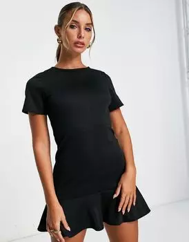 Черное платье мини из понте с короткими рукавами и ярким подолом ASOS DESIGN
