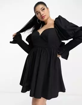 Черное платье мини из поплина с присборенными рукавами и пышными рукавами ASOS LUXE Curve