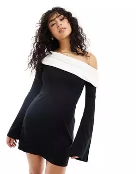 Черное платье мини на одно плечо с контрастными манжетами ASOS