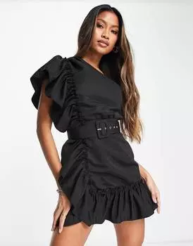 Черное платье мини на одно плечо с поясом и оборками ASOS DESIGN