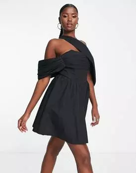 Черное платье мини с эффектным вырезом и манжетами ASOS LUXE