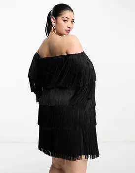 Черное платье мини с бахромой и открытыми плечами ASOS LUXE Curve
