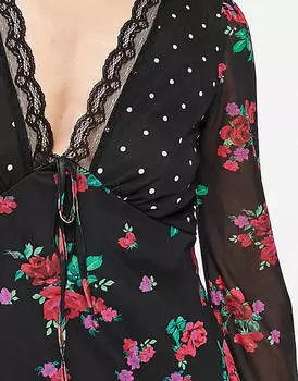 Черное платье мини с цветочным и точечным принтом River Island