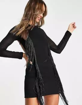 Черное платье мини с длинными расклешенными рукавами и бахромой ASOS DESIGN