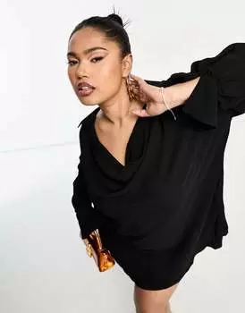 Черное платье мини с длинными рукавами и воротником-хомутом ASOS DESIGN Curve