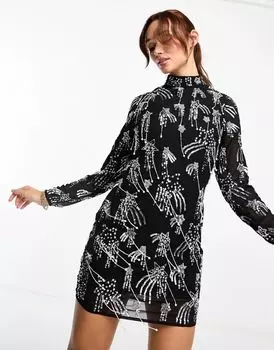 Черное платье мини с длинными рукавами и звездами River Island