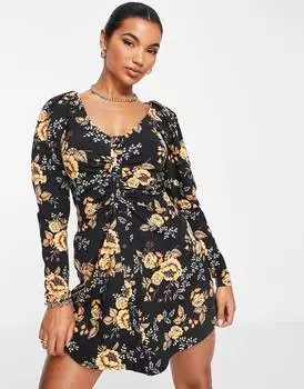 Черное платье мини с длинными рукавами и рюшами с цветочным принтом ASOS DESIGN ASOS DESIGN