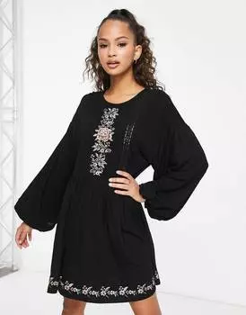 Черное платье мини с длинными рукавами, кружевом и цветочной вышивкой ASOS DESIGN