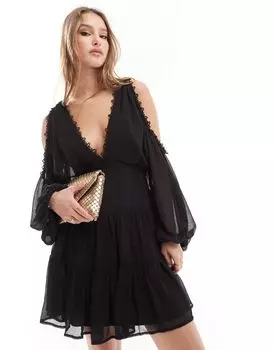 Черное платье мини с открытыми плечами и кружевной вставкой ASOS DESIGN