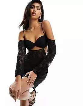 Черное платье мини с открытыми плечами и кружевными вставками ASOS DESIGN