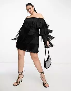 Черное платье мини с открытыми плечами и бахромой ASOS LUXE Curve