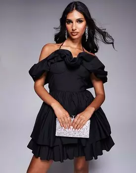 Черное платье мини с принтом-бандо из хлопкового поплина ASOS LUXE