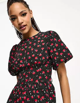 Черное платье мини с принтом роз и принтом на талии Wednesday's Girl