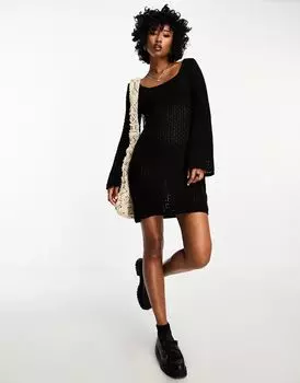 Черное платье мини с расклешенными длинными рукавами крючком ASOS