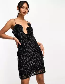 Черное платье мини с решетчатой отделкой, бахромой и волнистым вырезом ASOS DESIGN