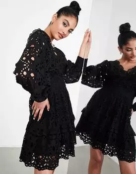 Черное платье мини с v-образным вырезом и пышными рукавами ASOS EDITION