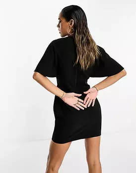 Черное платье мини с v-образным вырезом и рифлеными рукавами ASOS DESIGN