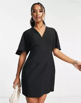 Черное платье мини с v-образным вырезом и рифлеными рукавами ASOS DESIGN Petite