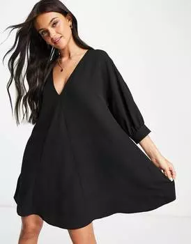 Черное платье мини с v-образным вырезом и рукавами три четверти ASOS DESIGN