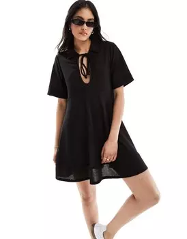 Черное платье мини с вафельной завязкой спереди ASOS DESIGN