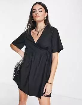 Черное платье мини с запахом и запахом ASOS DESIGN