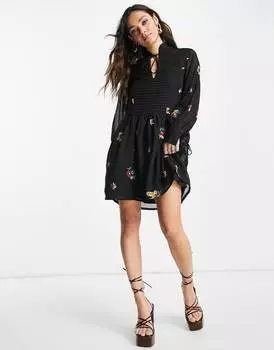 Черное платье мини с защипами и вышивкой по всей поверхности ASOS DESIGN